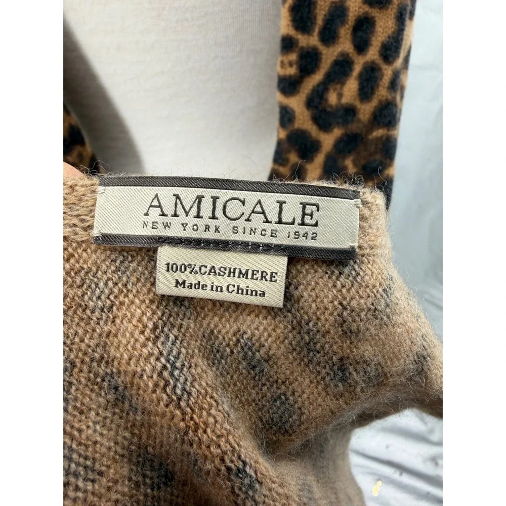 Amicale Leopard Print Scarf Women OS Brown 100% Cashmere Knit Wrap Luxury